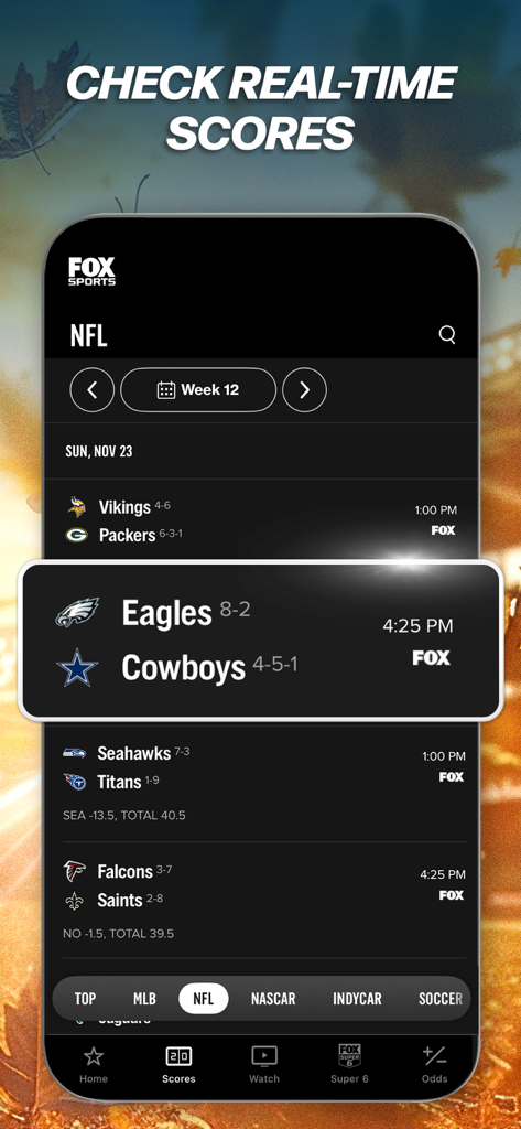 Interface de l'application FOX Sports montrant les scores NFL en temps réel pour la semaine 12