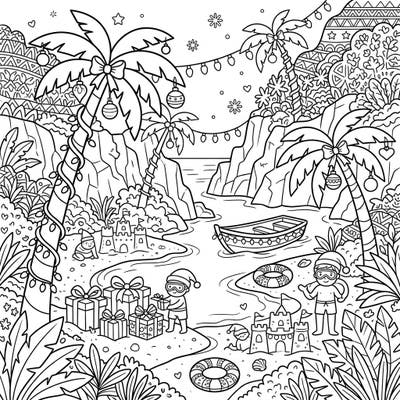 Imagine a sun-kissed Christmas with our enchanting Cove Beaches coloring page, where festive decorations meet tropical sands. This unique design brings the joy of a warm holiday to life, perfect for igniting your creative spirit.