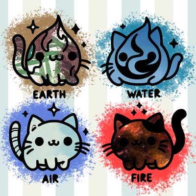 4 cats that represent the different elements, earth, water, air, and fire