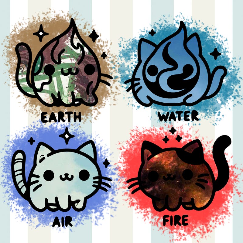 4 cats that represent the different elements, earth, water, air, and fire