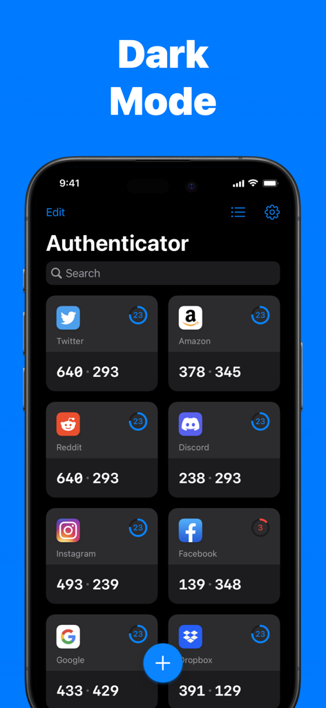 Authenticator App+ - The Authenticator App dashboard showing 2FA codes for various accounts like Twitter, Amazon, and Reddit in dark mode.