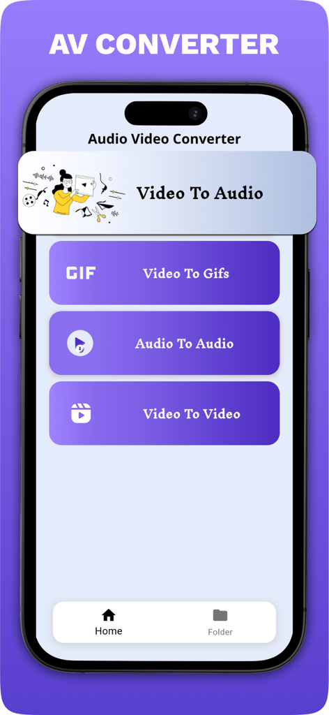 Audio Video Media Converter - Main menu of the Audio Video Media Converter app with buttons for video to audio and video to gif conversions.