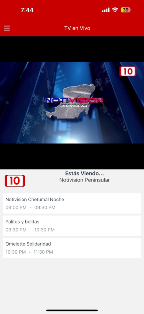 Canal 10 - Interfaz de la app Canal 10 mostrando una transmisión de noticias en vivo y una lista de próximos programas de televisión regionales