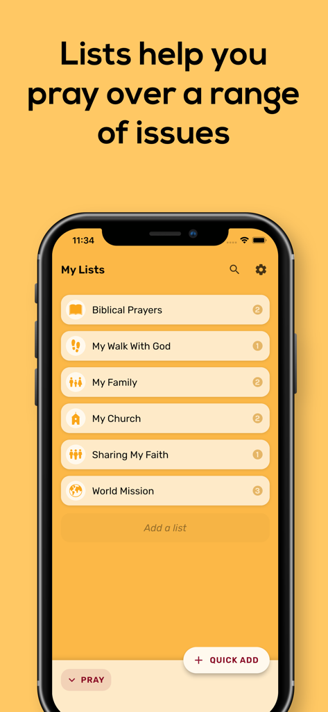 PrayerMate - Christian Prayer - Smartphone screen showing prayer categories in the PrayerMate app including My Family My Church and World Mission