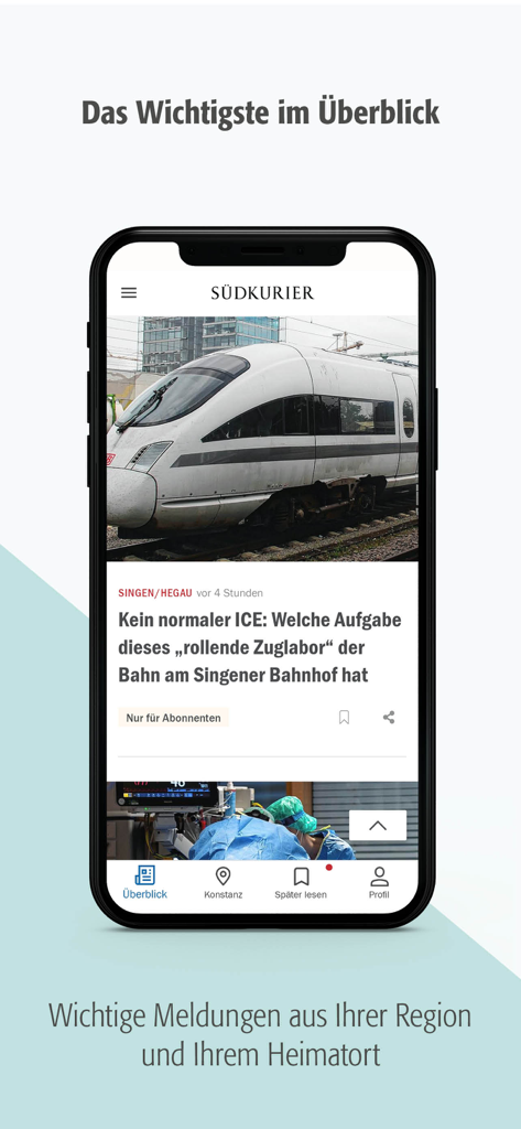 SÜDKURIER Online - Aplicación Suedkurier Online en un smartphone mostrando un artículo de noticias local sobre un tren en la región de Baden-Wurtemberg.