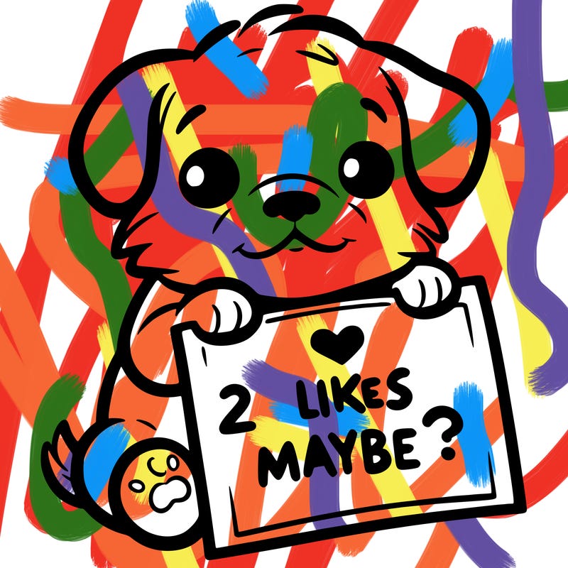 a puppy holding a sign that says 2 likes maybe?