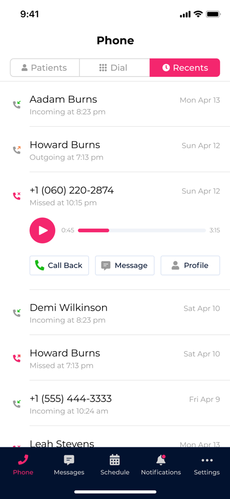 Kasper App interface showing a list of recent patient calls and a voicemail playback option.