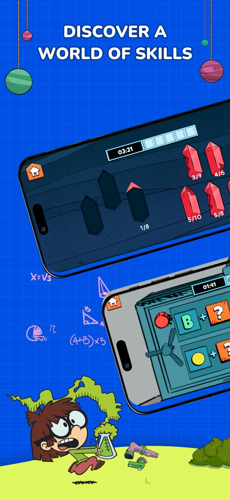 Nick Academy - Nick Academy app screenshot showing math and logic puzzles with Lisa Loud