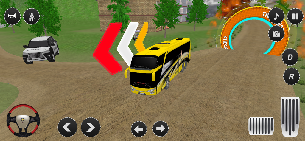 US Bus Public Transport Games - A yellow coach bus driving on a dirt track through a checkpoint in an offroad simulation game