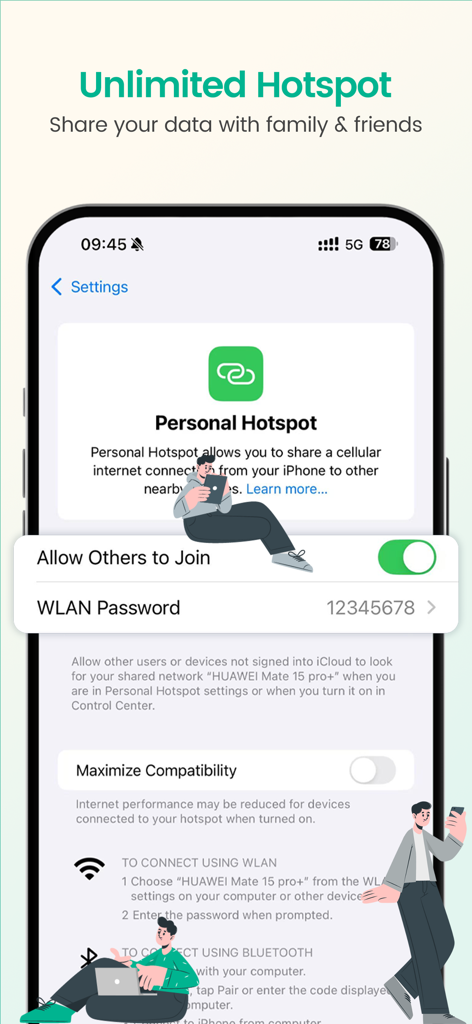 ByteSIM eSIM - Data Plan - Écran de smartphone montrant les paramètres de partage de hotspot illimité de ByteSIM pour partager des données avec des amis et de la famille
