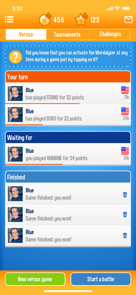 WordOn HDアプリ画面、対戦タブ、アクティブなゲーム、終了した試合結果を表示