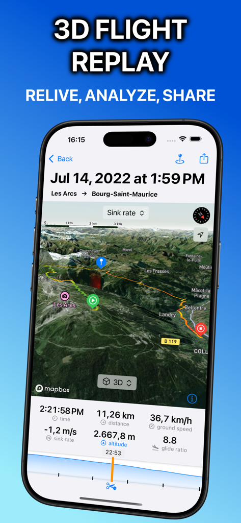 Paragliding Tracker: Wingman - 3D paragliding flight replay showing GPS track and performance data in the Wingman app