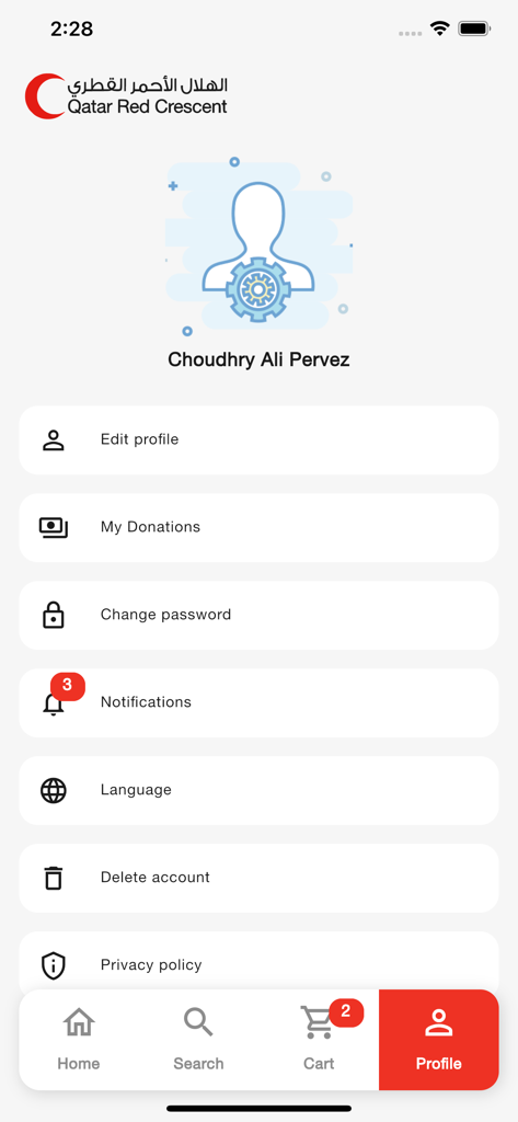 QRCS - User profile screen of the Qatar Red Crescent app showing account settings and donation options
