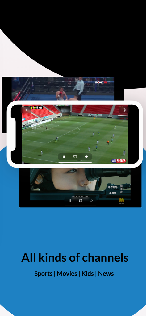Easy TV - Watch IPTV - Easy TV app displaying live sports and movie channels on a mobile screen