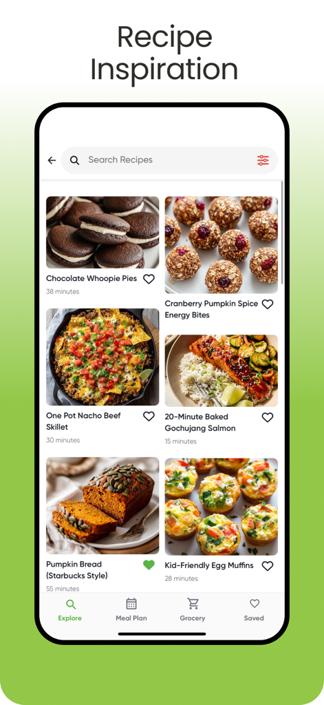 a better meal - Meal Planner - Tela de inspiração de receitas no aplicativo A Better Meal com opções de refeições saudáveis e adequadas para crianças, como salmão e muffins de ovo.