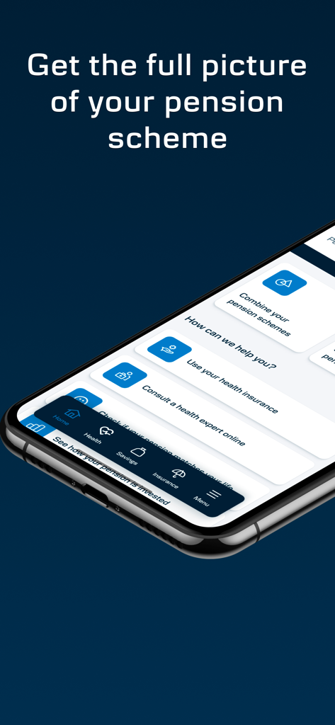 Mobilpension - Danica Pension - Mobilpensionアプリのインターフェース、年金制度と健康オプションが表示されています