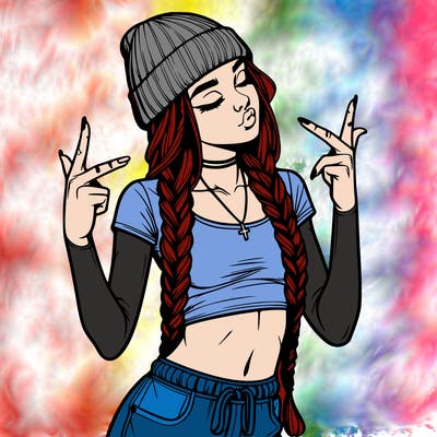 realistic teenage girl with braids and a beanie and crop top doing 🫶🏼