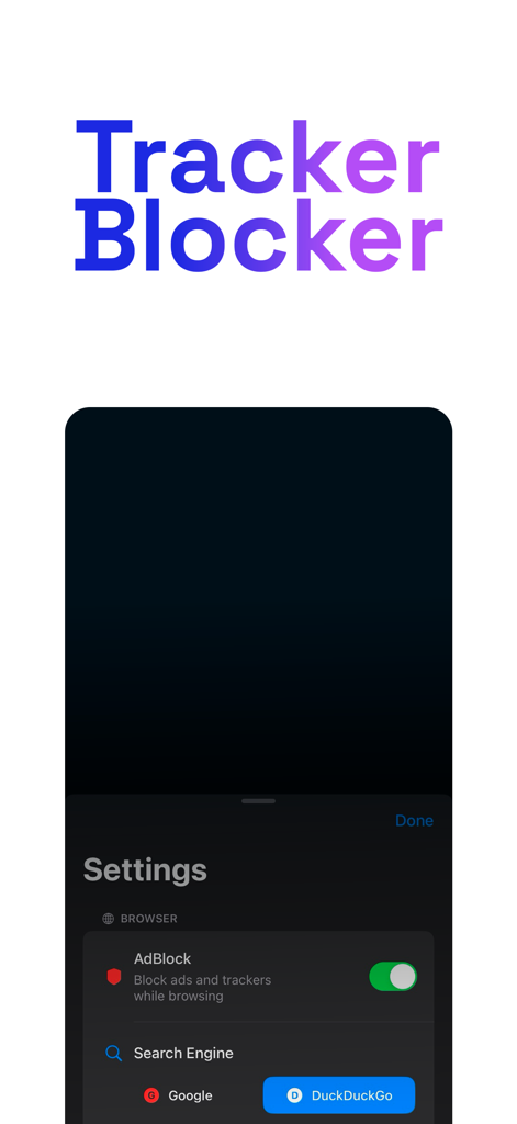 Vortex Browser: VPN Browser - Vortex Browser settings interface showing enabled ad and tracker blocker with DuckDuckGo as the selected search engine