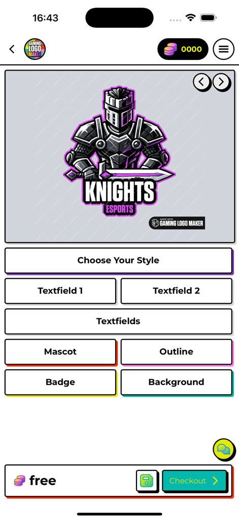 A mobile app interface showing the editing of a knight mascot esports logo with options for text, style, and backgrounds