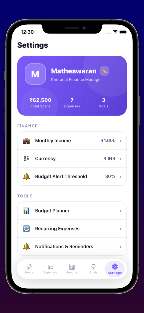 Expense Tracker Budget Manager - User settings screen of the Expense Tracker Budget Manager app displaying profile summary and financial tool options.