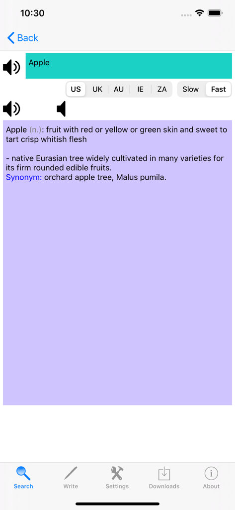 Aplicativo Dicionário de Áudio de Inglês mostrando a definição da palavra 'apple' com opções de sotaque e velocidade de áudio.