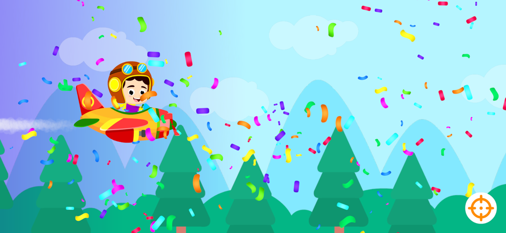 Kids Airplane: Learn ABC & 123 - A cartoon child pilot flying a colorful airplane over a green forest in a learning app for toddlers.