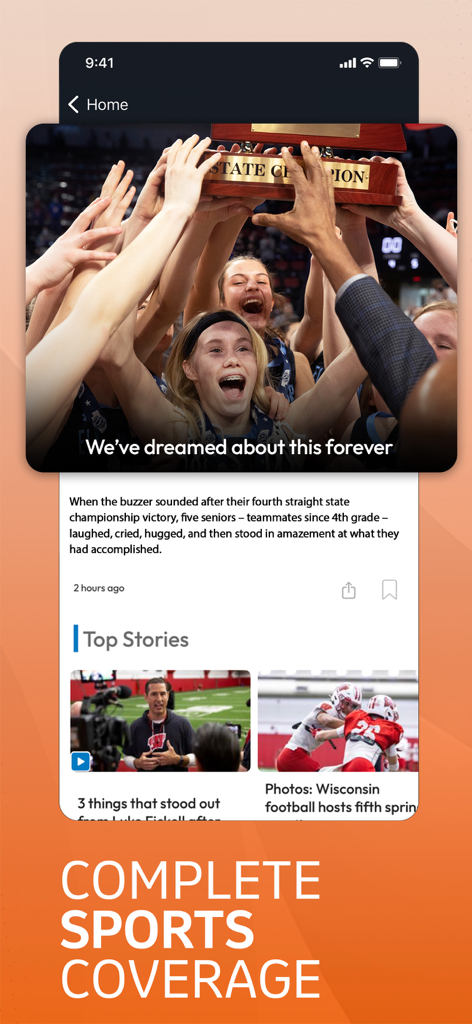 Screenshot of the Journal Times app showing complete local sports coverage including high school championships and Wisconsin football stories