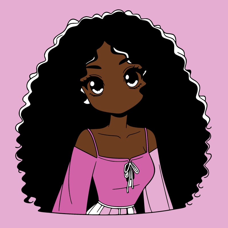 a black anime girl with long afro hair