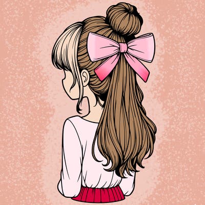 realistic girl  with hip length hair a bun and a big bow on the back of head