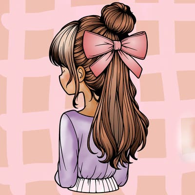 realistic girl  with hip length hair a bun and a big bow on the back of head