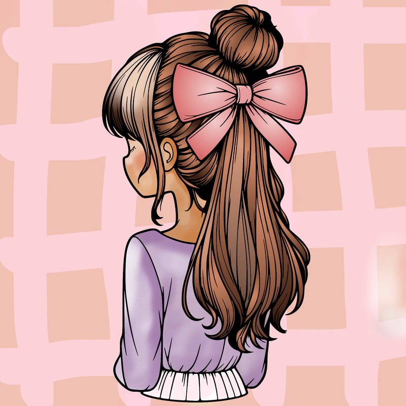 realistic girl  with hip length hair a bun and a big bow on the back of head