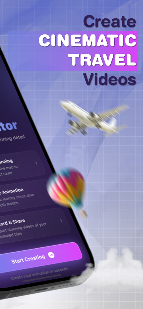 MapVibe: Travel Video Maker - Interfaz de la aplicación MapVibe mostrando un teléfono inteligente con el texto Crea Videos de Viaje Cinematográficos con un avión 3D y un globo aerostático