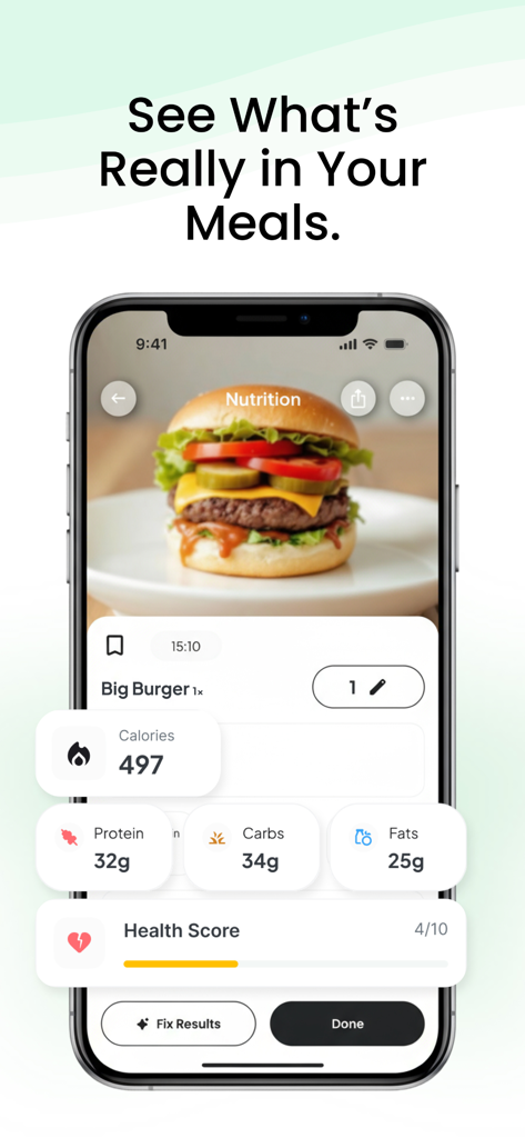 Ephyra - Calorie & Workout - Application Ephyra montrant l'analyse nutritionnelle et le score de santé d'un hamburger
