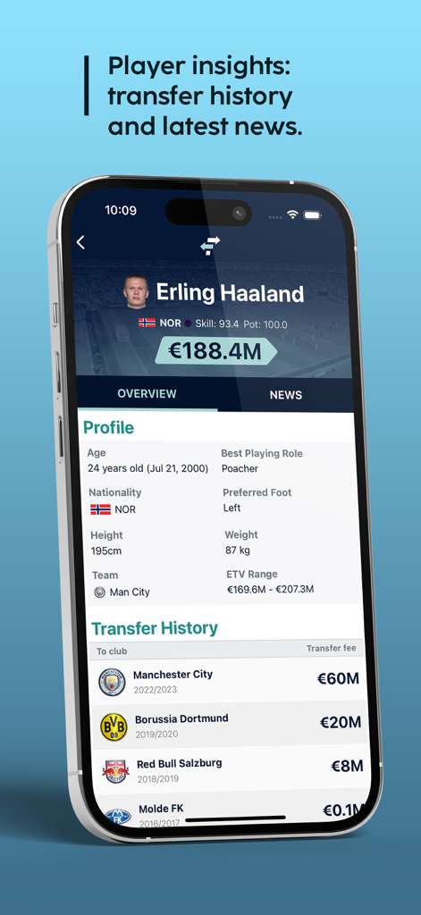 FootballTransfers - Erling Haaland player profile screen in the FootballTransfers app showing transfer history and market value