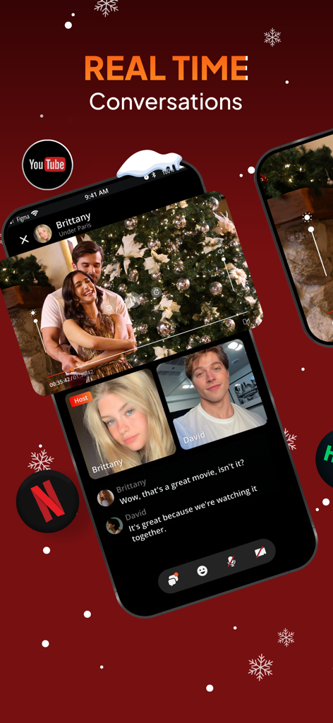 A mobile interface of the Minu app showing a synchronized movie watch party with real-time video calling and chat.