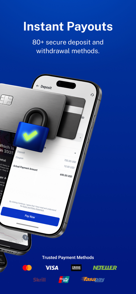 VT Markets-Online Trading - VT Markets mobile App-Oberfläche mit einer sicheren Einzahlungsseite und vertrauenswürdigen Zahlungsmethoden wie Visa und Mastercard.