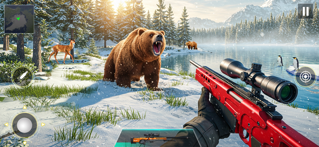 First person view of a red sniper rifle aiming at a roaring grizzly bear in a snowy mountain landscape