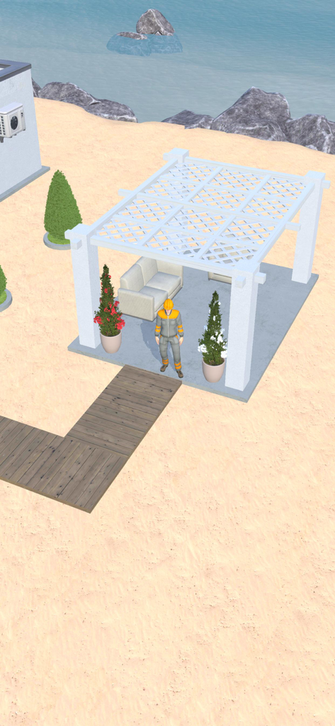 白いパーゴラの下に家具が置かれた砂浜に立つビルダーキャラクター