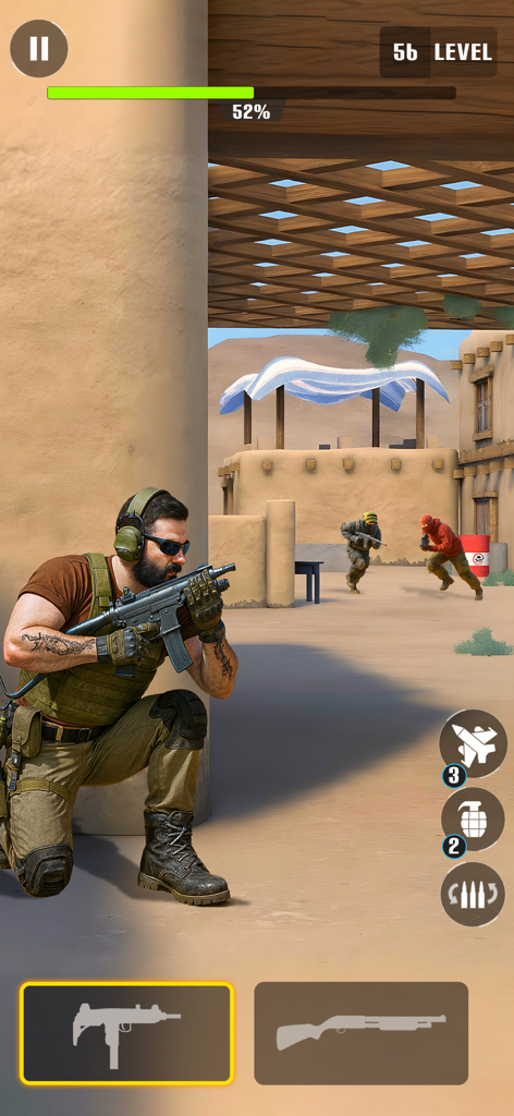 Commando Assault: Gun Shooter - Un comando con equipo táctico apuntando un rifle de asalto desde detrás de una cobertura en un nivel desértico.