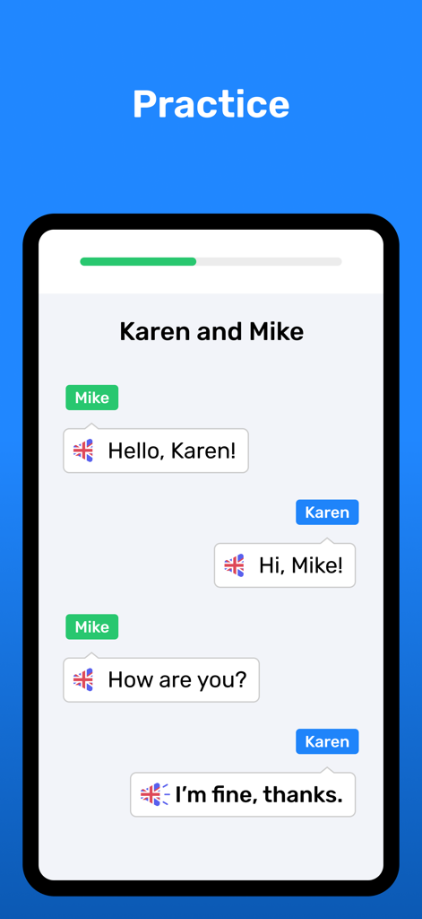 English conversation practice screen in Wlingua app with dialogue bubbles