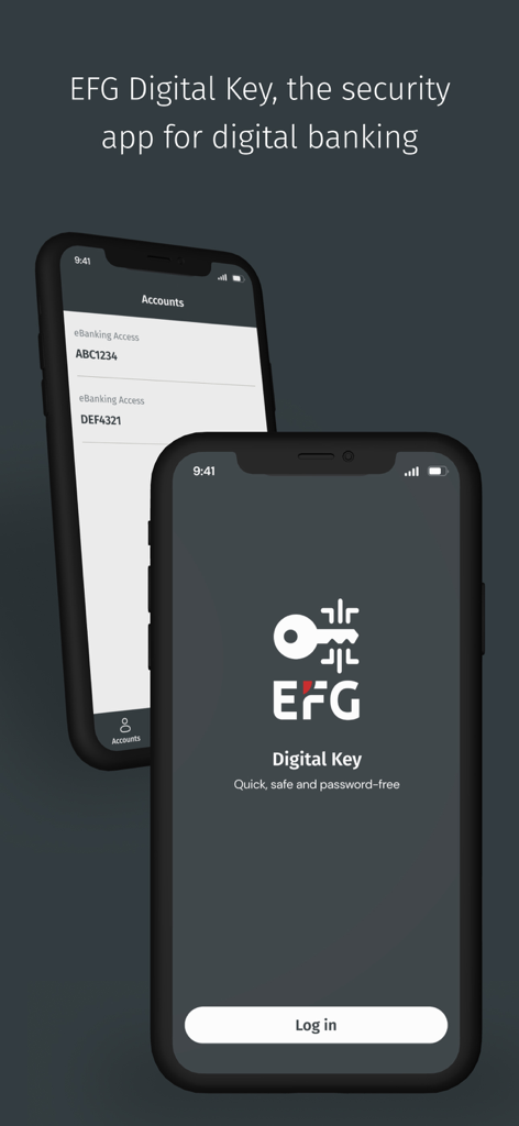 EFG Digital Key - EFG Digital Key mobile app showing the login screen and banking account access interface on two iPhones