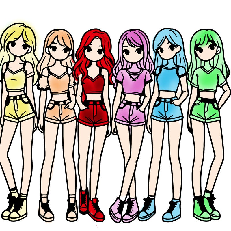 a group of girls wearing crop tops and shorts