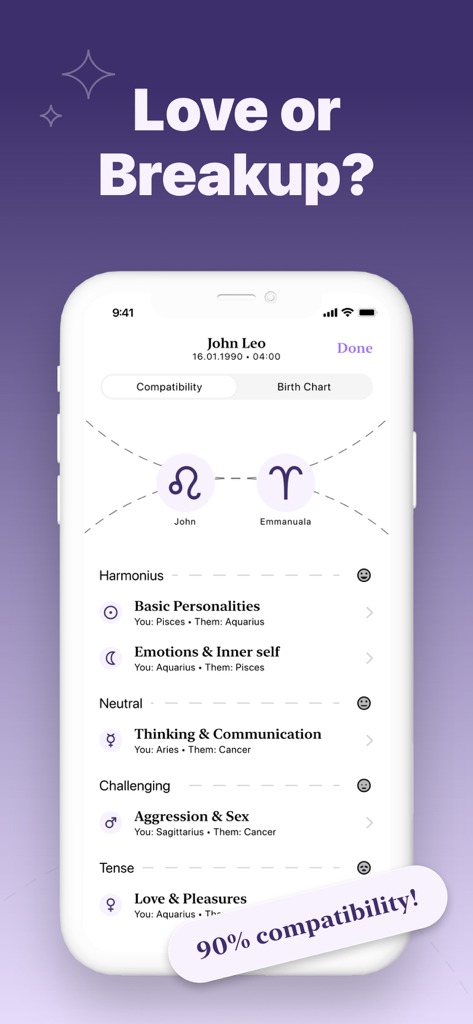 Serene: Talk to Astrologer - Love compatibility analysis screen in the Serene app showing a ninety percent match score.
