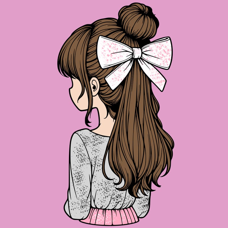 realistic girl  with hip length hair a bun and a big bow on the back of head