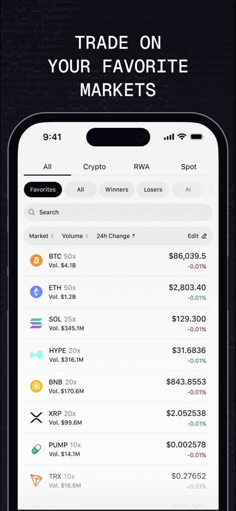 Lighter Mobile - Lighter Mobile app market list interface showing price and volume for crypto assets like Bitcoin and Ethereum