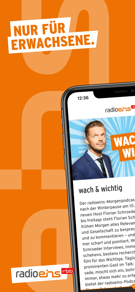 Captura de pantalla de la aplicación radioeins en un smartphone que muestra un segmento de noticias titulado wach und wichtig