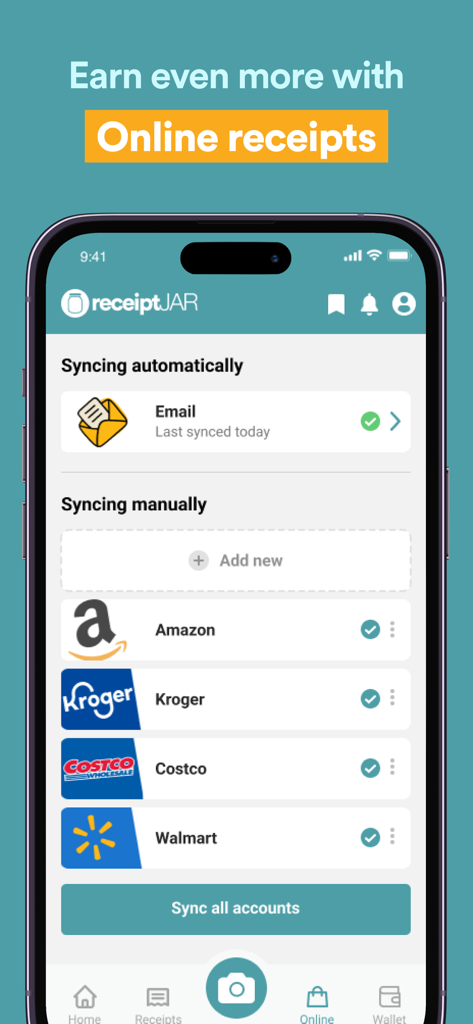 ReceiptJar app interface showing online receipt syncing options for Amazon Walmart and Costco