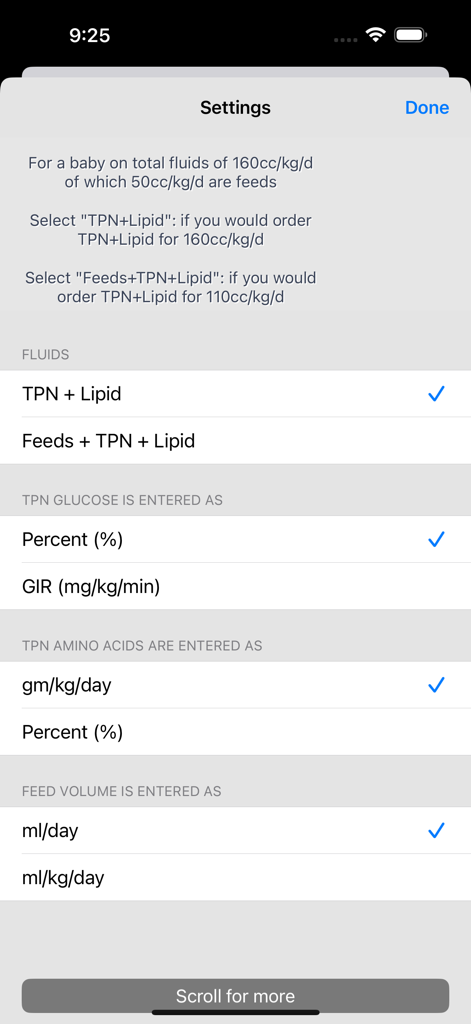 NICU Nutrition Calculator - Settings interface for the NICU Nutrition Calculator app showing options to customize fluid and nutrient entry parameters for clinical protocols