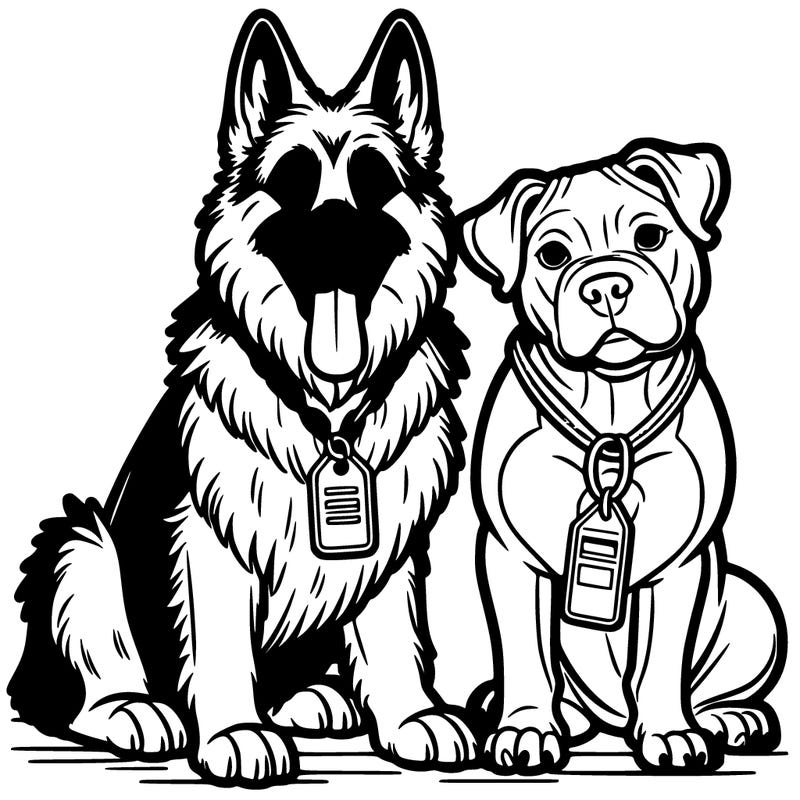 german shepherd with a pitbull next to it with tags