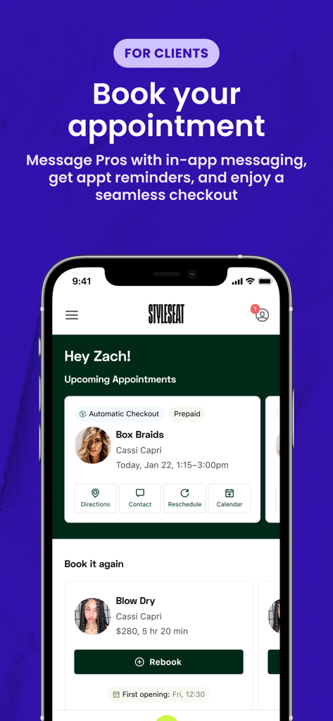 Tela do aplicativo StyleSeat para clientes enviarem mensagens para profissionais e reservarem compromissos